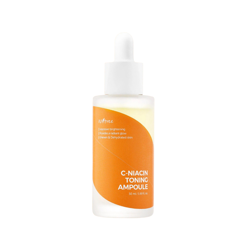 Gennemsigtig flaske med orange etiket, hvid dråbeprop. Tekst: C-Niacin Toning Ampoule.