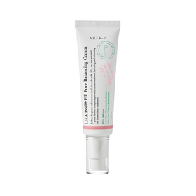 Hvid tube med sort tekst "Axis-Y LHA Peel & Fill Pore Balancing Cream" og grøn og pink design.