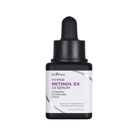 Sort flaske med dråbetæller, Isntree Hyper Retinol EX 1.0 Serum, 20 ml, forbedrer hudens fasthed.