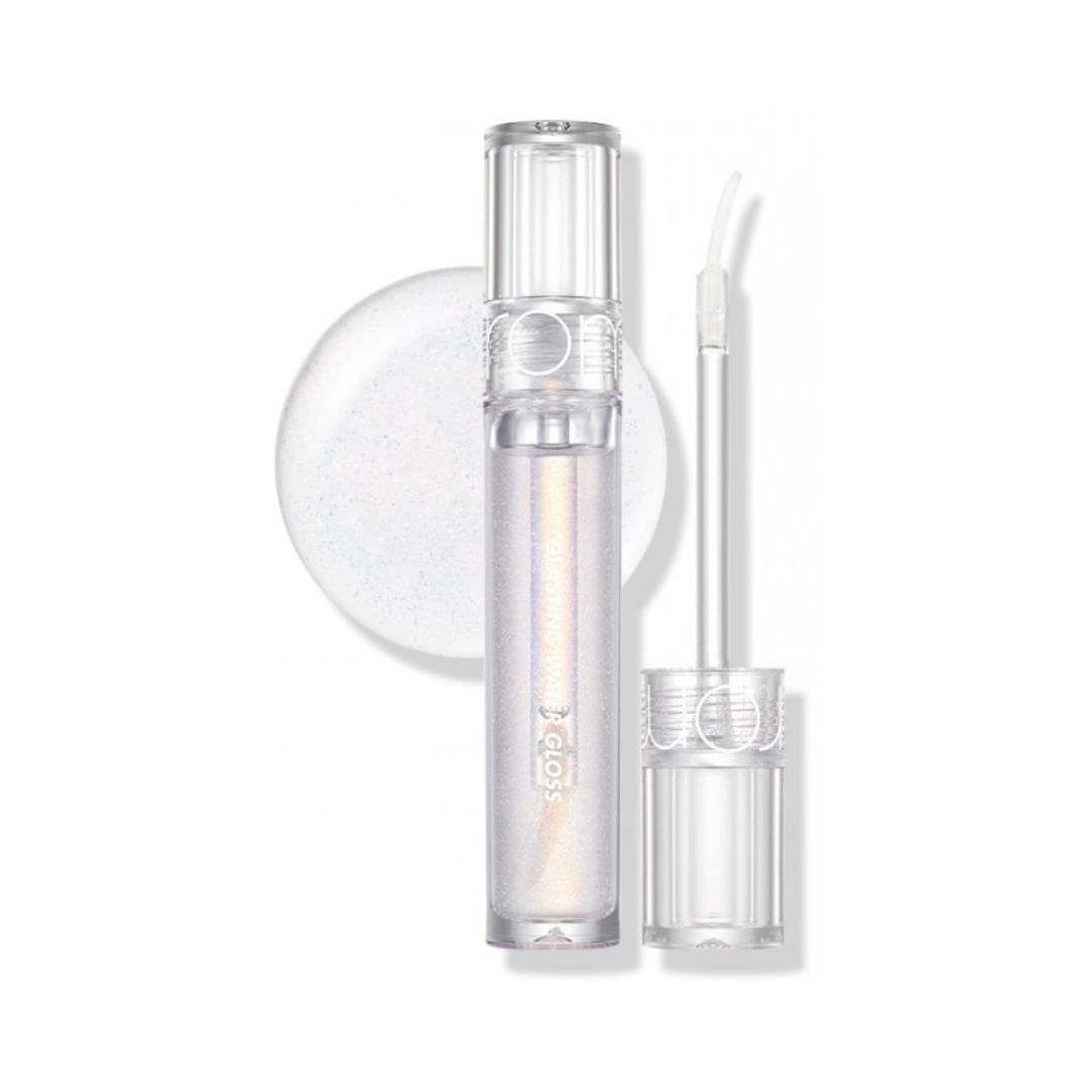 Klar lipgloss med skinnende effekt, åben beholder og applikatorstav.