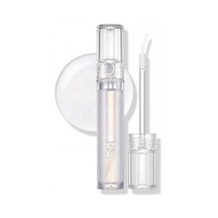 Klar lipgloss med skinnende effekt, åben beholder og applikatorstav.