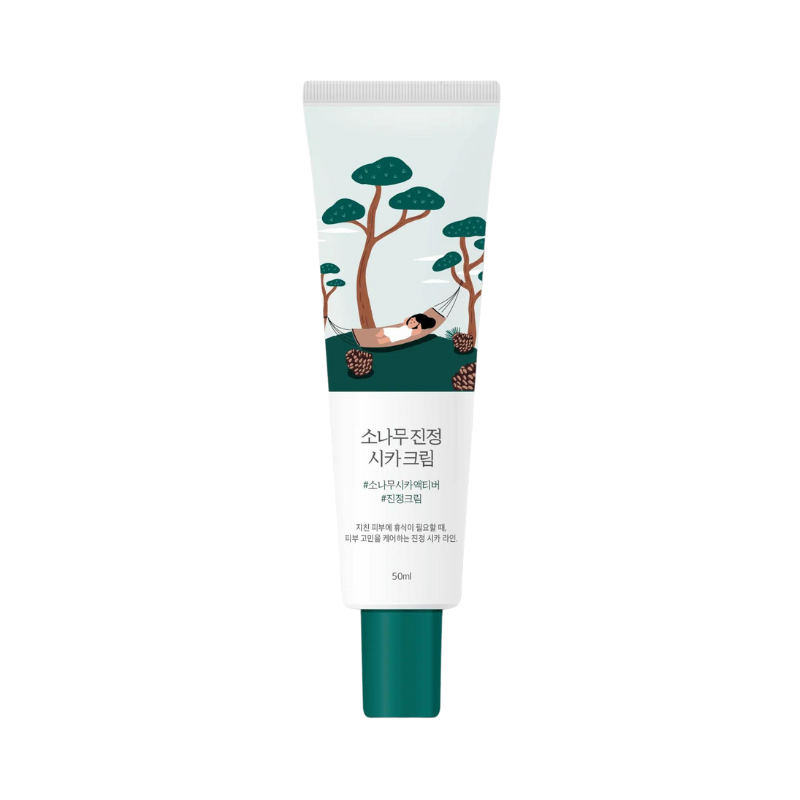 Tube med illustration af person i hængekøje mellem træer, tekst på koreansk, 50 ml.