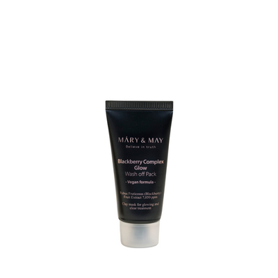 Sort tube med teksten "Mary&May Blackberry Complex Glow Wash Off Pack" og produktdetaljer.