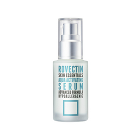 Klar flaske med pumpe, etikette lyseblå tekst: "Rovectin Skin Essentials Aqua Activating Serum".