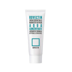 Hvid tube med blå tekst: "Rovectin Skin Essentials Barrier Repair Aqua Concentrate."