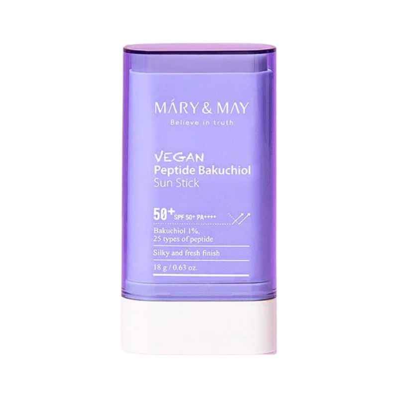Lilla solstick med teksten "Mary&May Vegan Peptide Bakuchiol Sun Stick SPF50+ PA++++".