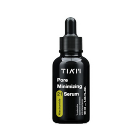 Sort flaske med dråber, mærket "TIA'M Pore Minimizing 21 Serum" og "Niacinamide".