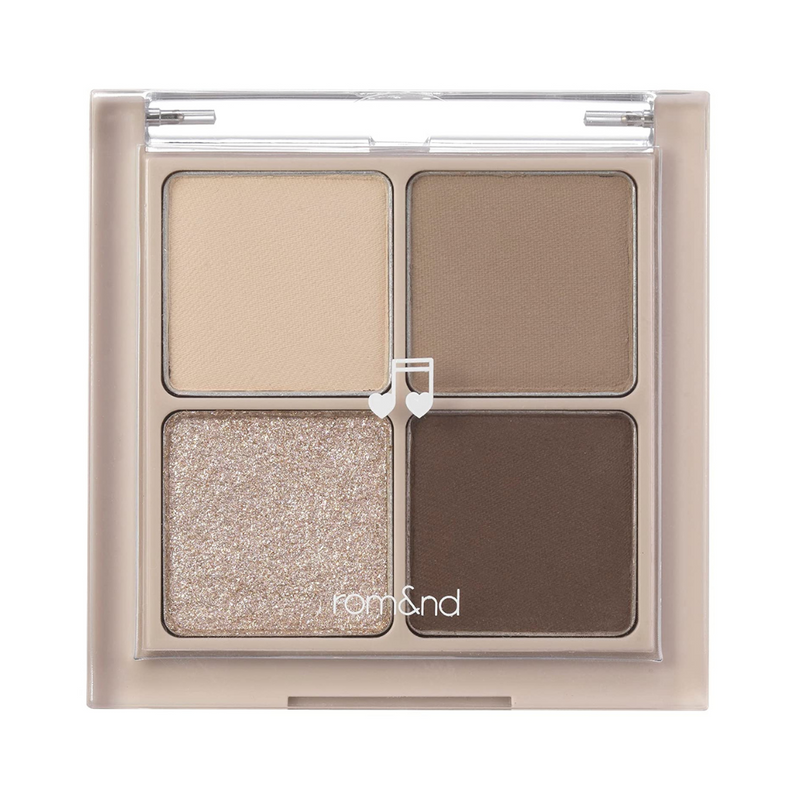 Øjenskyggepalette med fire neutrale nuancer: beige, lys brun, glitrende taupe og mørkebrun.
