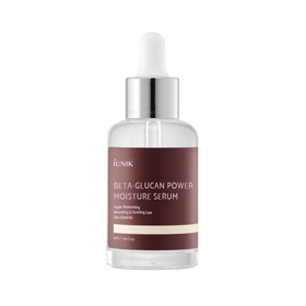 Klar flaske med dropper, maroon etiket. Tekst: iUNIK Beta Glucan Power Moisture Serum.