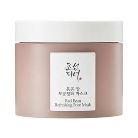 Brun krukke med hvidt låg, etikette med koreansk og engelsk tekst: Red Bean Refreshing Pore Mask.