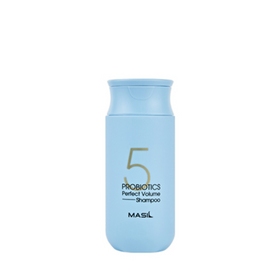 Lys blå flaske med teksten "5 Probiotics Perfect Volume Shampoo" og "MASIL" i sort.