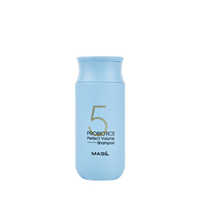 Lys blå flaske med teksten "5 Probiotics Perfect Volume Shampoo" og "MASIL" i sort.