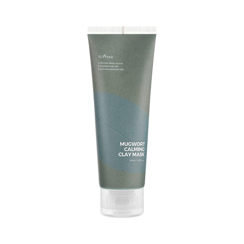 Grå tube med grønne nuancer, tekst "Isntree Mugwort Calming Clay Mask". 100 ml.