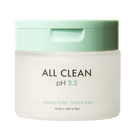 Rund beholder med lysegrønt låg, tekst "All Clean pH 5.5" og "Green Pore Toner Pad", 75 stk.