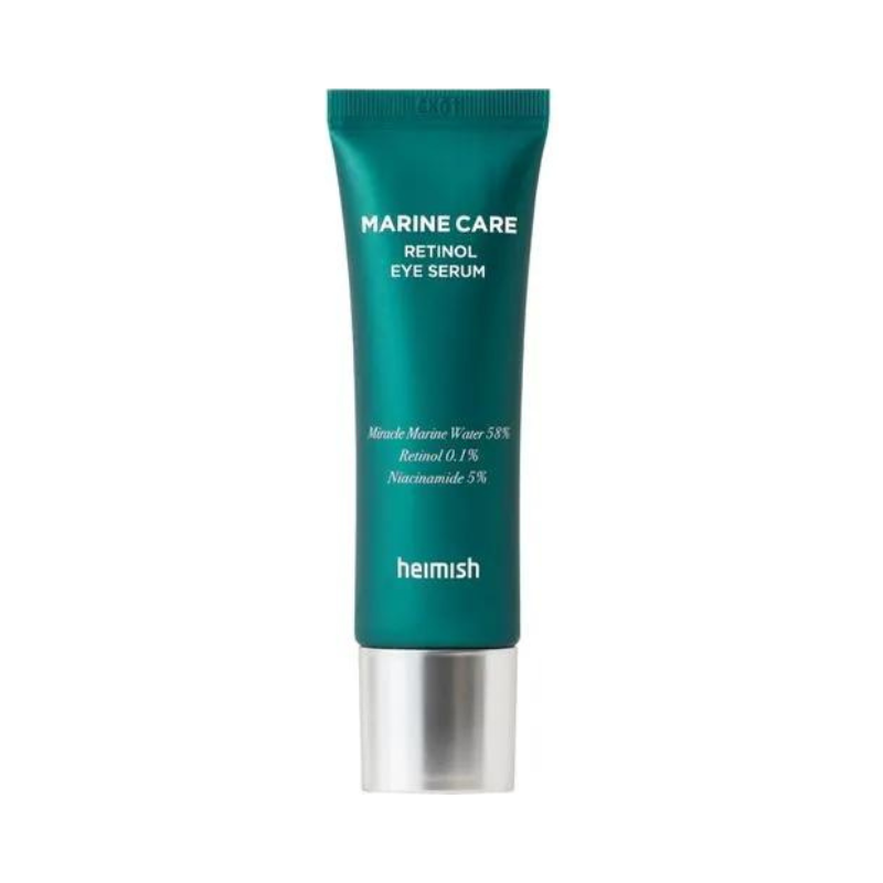 Grøn tube med tekst: "Marine Care Retinol Eye Serum", mærket "Heimish".