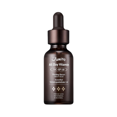 Mørk amber flaske med dråber. Etiket: "Jumiso All Day Vitamin VC-IP 1.0 Firming Serum".