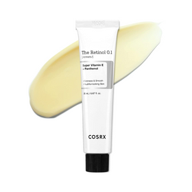 Hvid tube Cosrx Retinol 0.1 Cream med sort låg, cremet stribe bagved.