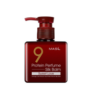 Rød flaske med pumpe, "9 Protein Perfume Silk Balm - Sweet Love", mærket Masil.
