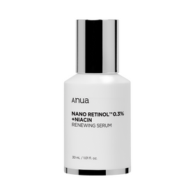 Hvid flaske med sølv låg, tekst: Anua Nano Retinol 0.3% + Niacin Renewing Serum, 30 ml.