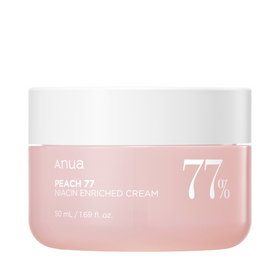 Pink krukke med hvidt låg, tekst: Anua Peach 77 Niacin Enriched Cream, 50 mL / 1.69 fl. oz.