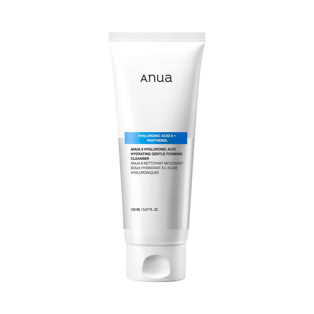 Hvid tube med teksten "Anua" og "Hyaluronic Acid + Panthenol", 150 ml. Hydraterende skumrens.