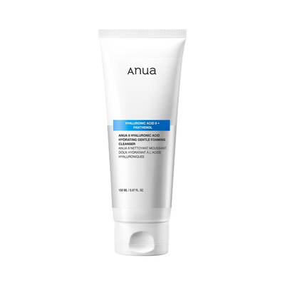 Hvid tube med teksten "Anua" og "Hyaluronic Acid + Panthenol", 150 ml. Hydraterende skumrens.