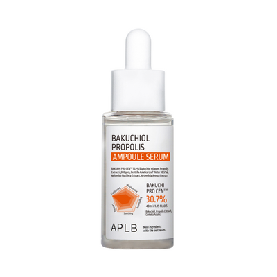 Klar flaske med hvid pipette, mærket "Bakuchiol Propolis Ampoule Serum" fra APLB.