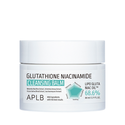 Hvid krukke med etiketten "Glutathione Niacinamide Cleansing Balm", 68.6%, 80 ml.