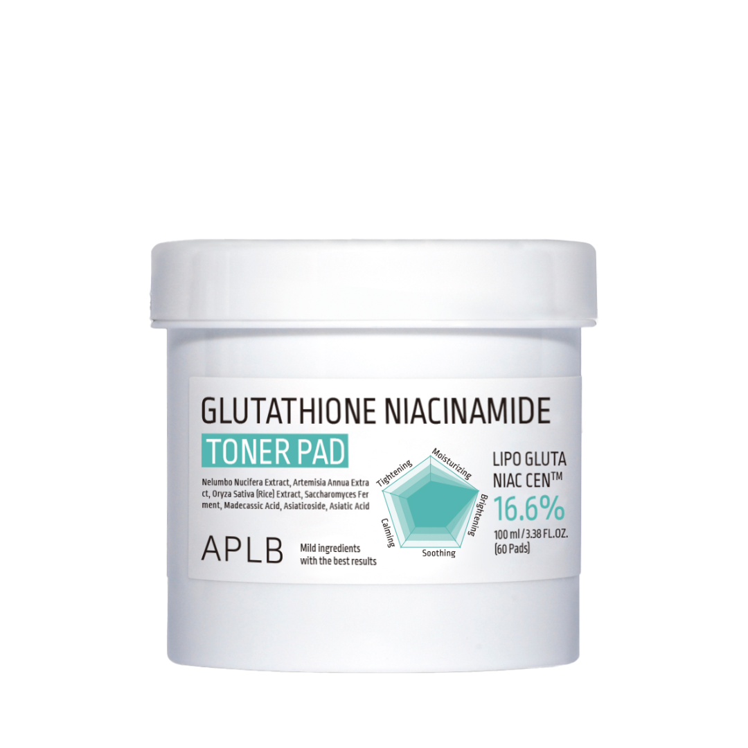 Hvid beholder med teksten "Glutathione Niacinamide Toner Pad" og produktdetaljer på etiketten.