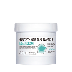 Hvid beholder med teksten "Glutathione Niacinamide Toner Pad" og produktdetaljer på etiketten.