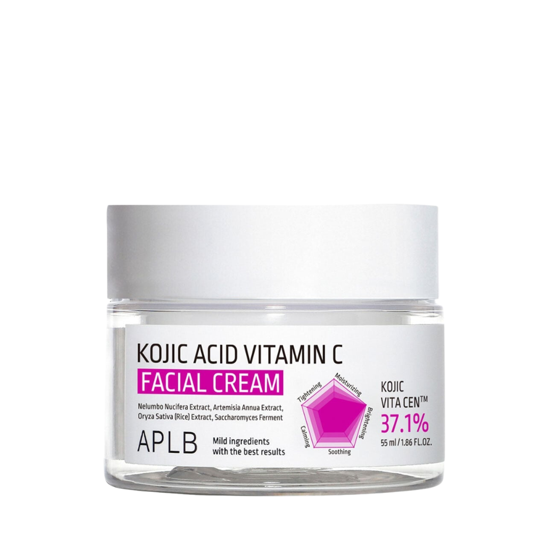 En hvid krukke med APLB Kojic Acid Vitamin C ansigtscreme, 55 ml, har en lilla etiketdetalje.