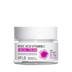 En hvid krukke med APLB Kojic Acid Vitamin C ansigtscreme, 55 ml, har en lilla etiketdetalje.