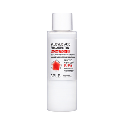 Klar flaske med etiket for APLB Salicylic Acid BHA Arbutin Facial Toner, 160 ml, 13,5% styrke.