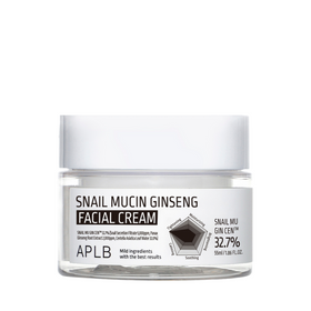 Krukke med APLB Snail Mucin Ginseng Facial Cream, hvidt låg, ingredienser og effektgrafik på etiketten.