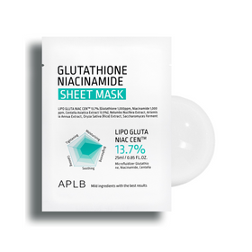 Pakke med "Glutathione Niacinamide Sheet Mask", 13,7%, 25ml, fra APLB, ingredienser og fordele.