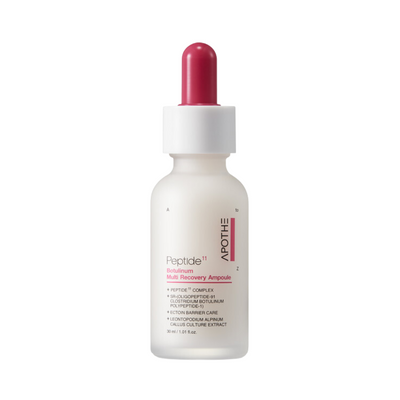 Hvid flaske med rød pipette, tekst viser "Peptide 11 Botulinum Multi Recovery Ampoule", 30 ml.