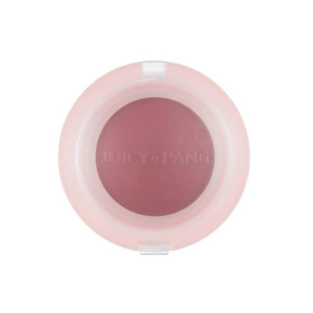 Rund blush i rosa etui, farve murstensrød. Tekst "Juicy-Pang" på låget.
