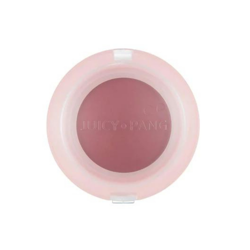 Rund blush i rosa etui, farve murstensrød. Tekst "Juicy-Pang" på låget.
