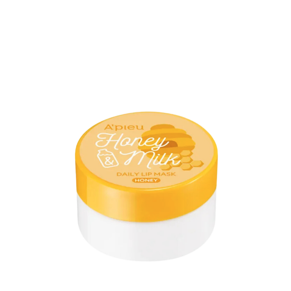 Rund beholder med gul låg, tekst "A'Pieu Honey & Milk Daily Lip Mask" og honningkagegrafik.