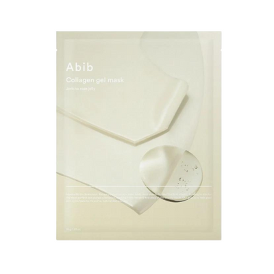 Lys beige pakke med tekst: "Abib Collagen Gel Mask Jericho Rose Jelly."