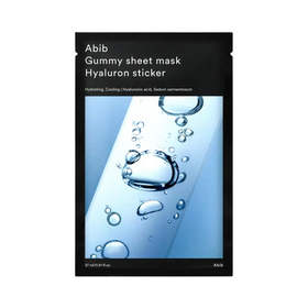 Sort pakke med vanddråber på blå baggrund, tekst "Abib Gummy Sheet Mask Hyaluron Sticker".