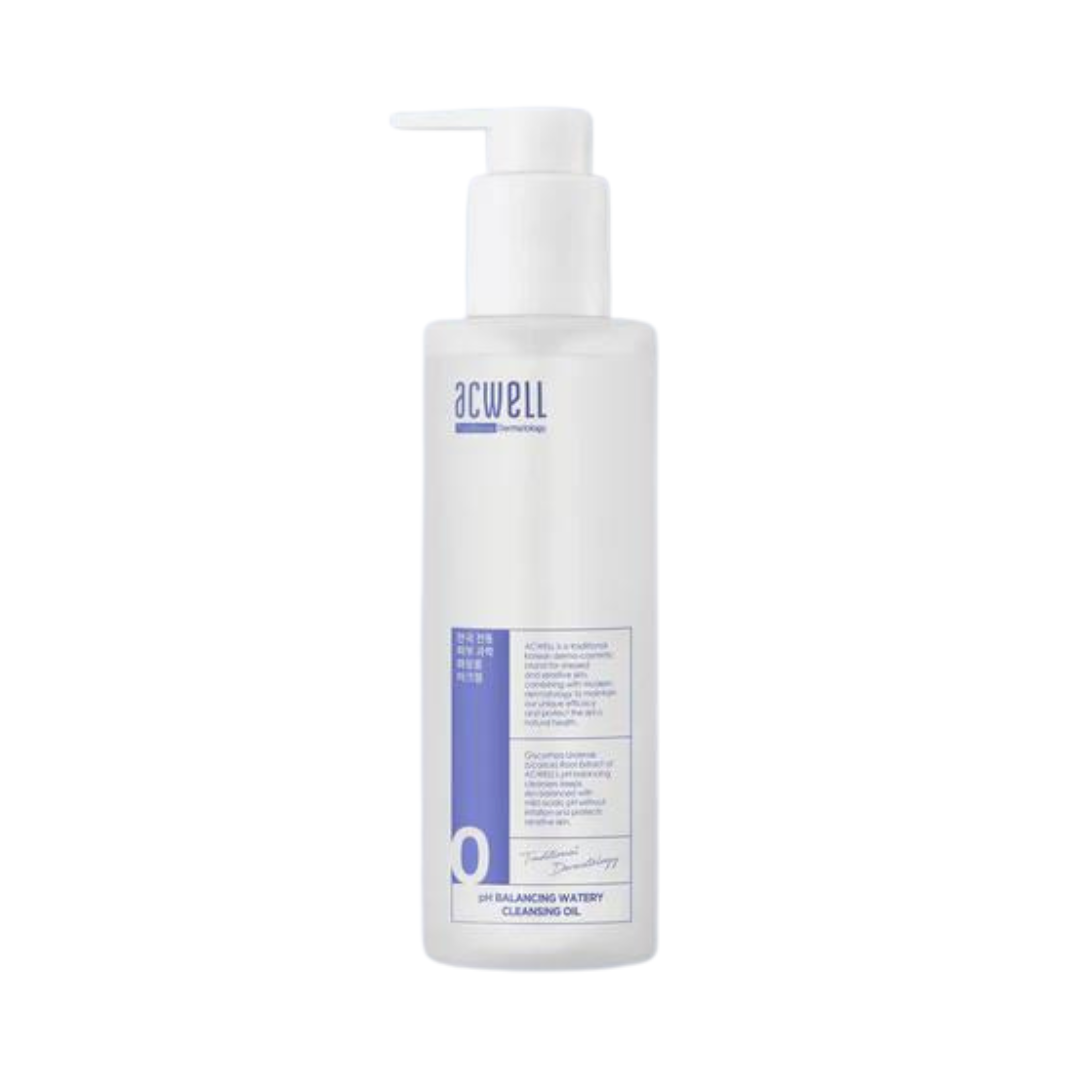 Hvid flaske med pumpe, mærket "Acwell" og teksten "pH Balancing Watery Cleansing Oil".