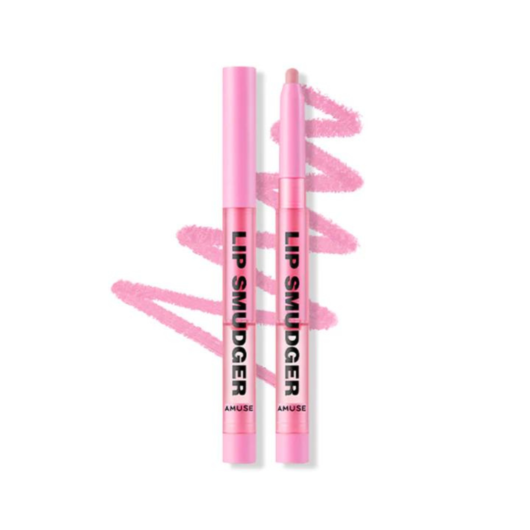 To lyserøde Lip Smudger-stifter med teksten "Lip Smudger" og en pink zigzag baggrund.