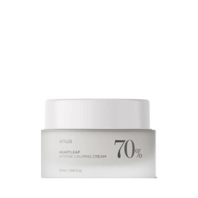 Krukke med Anua Heartleaf 70% Intense Calming Cream. Enkel, hvid emballage med sort tekst.