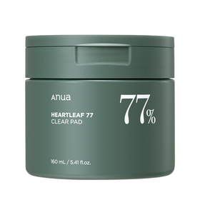 Grøn krukke med teksten "Anua Heartleaf 77% Clear Pad", 160 mL / 5.41 fl. oz.