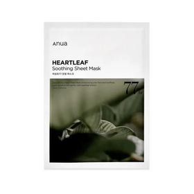 Anua Heartleaf 77% Soothing Sheet Mask i hvid pakke med grønne blade og tekst.