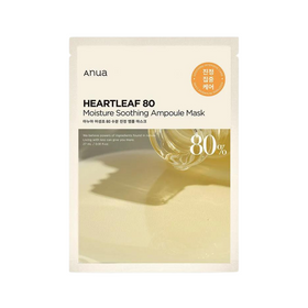 Anua Heartleaf 80 Ampoule Mask med dråbe-design, beige emballage og 80% mærkning.