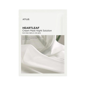 Pakke med Anua Heartleaf Cream Mask Night Solution på hvid baggrund. Tekst på engelsk og koreansk.