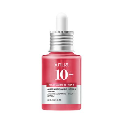 Rød flaske med sølvpipette, teksten "anua 10+" og produktinfo. 30 ml.