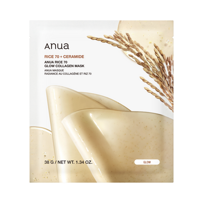 Pakke med Anua Rice 70 Glow Collagen Mask, risaks og glat, cremet maske. 38 g/1,34 oz.